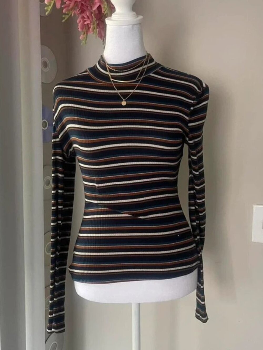 Navy blue and brown striped long sleeve top #striped #tops